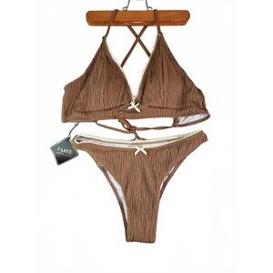 Women's Zaful Bickini Brown With Cream Lace Size M